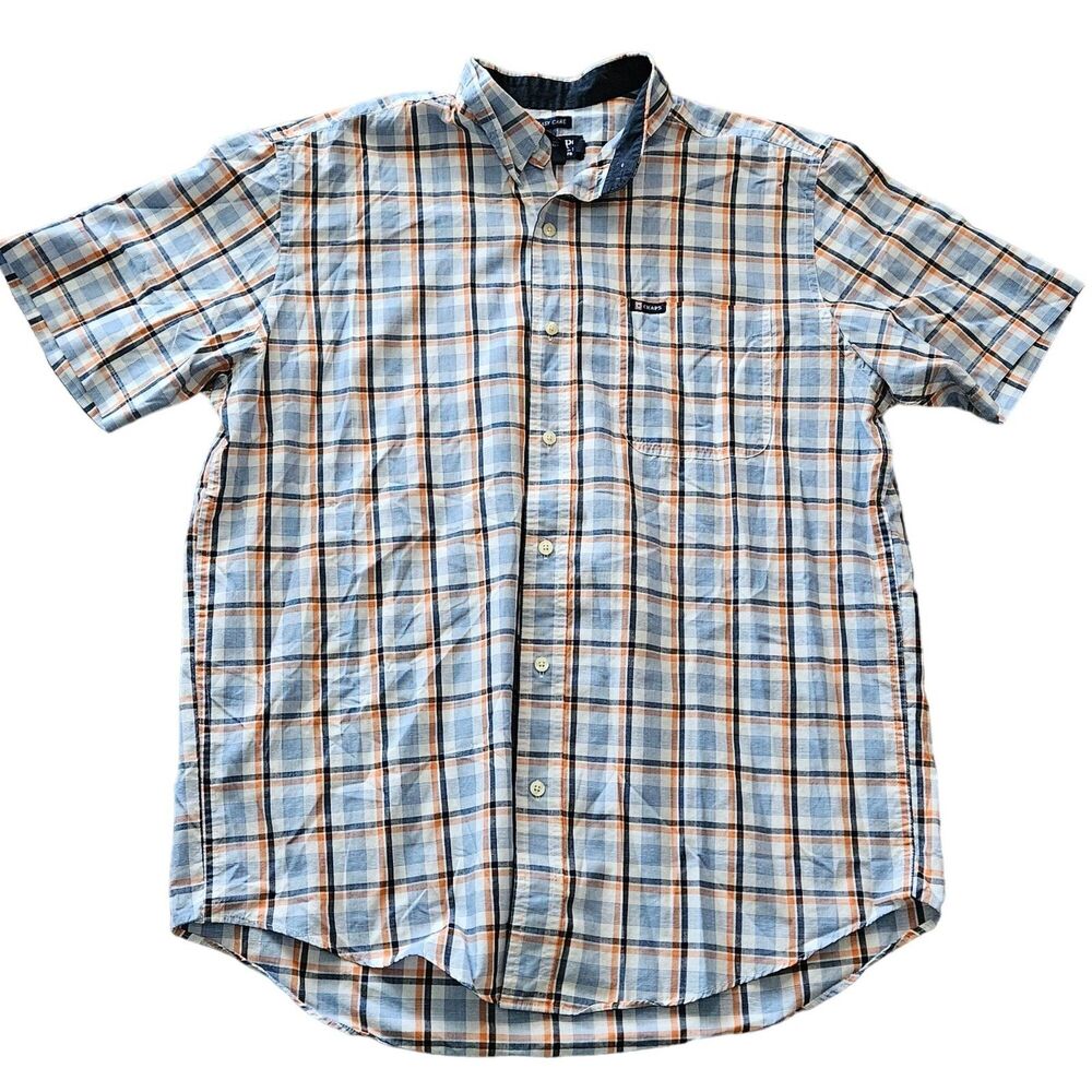 Chaps Easy Care Men's Blue Orange Short Sleeve Plaid Button Down Shirt Size LG
